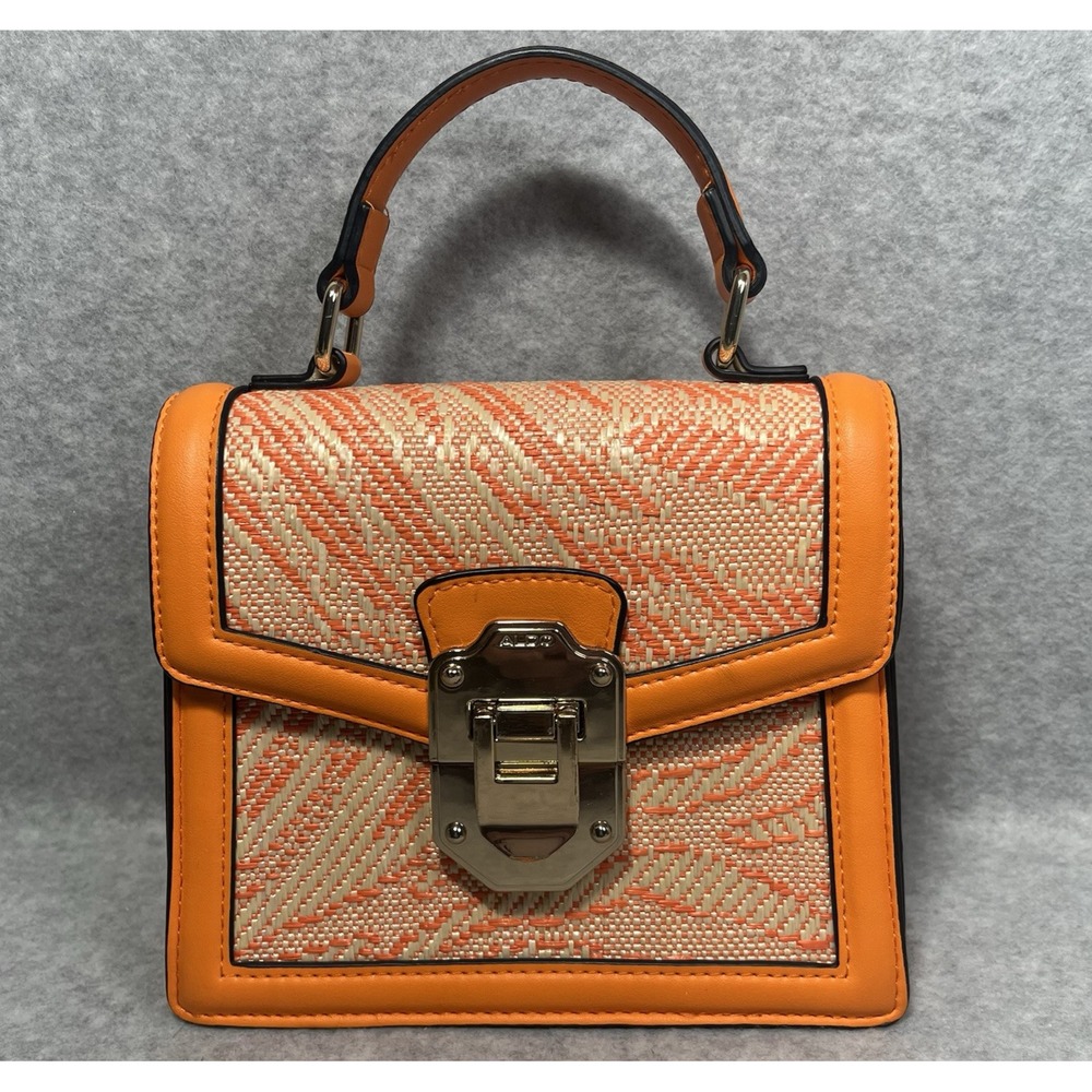 ALDO Progar Orange Handle Flap Purse Bag Woven Mini Luxury Handbag Clasp Closure